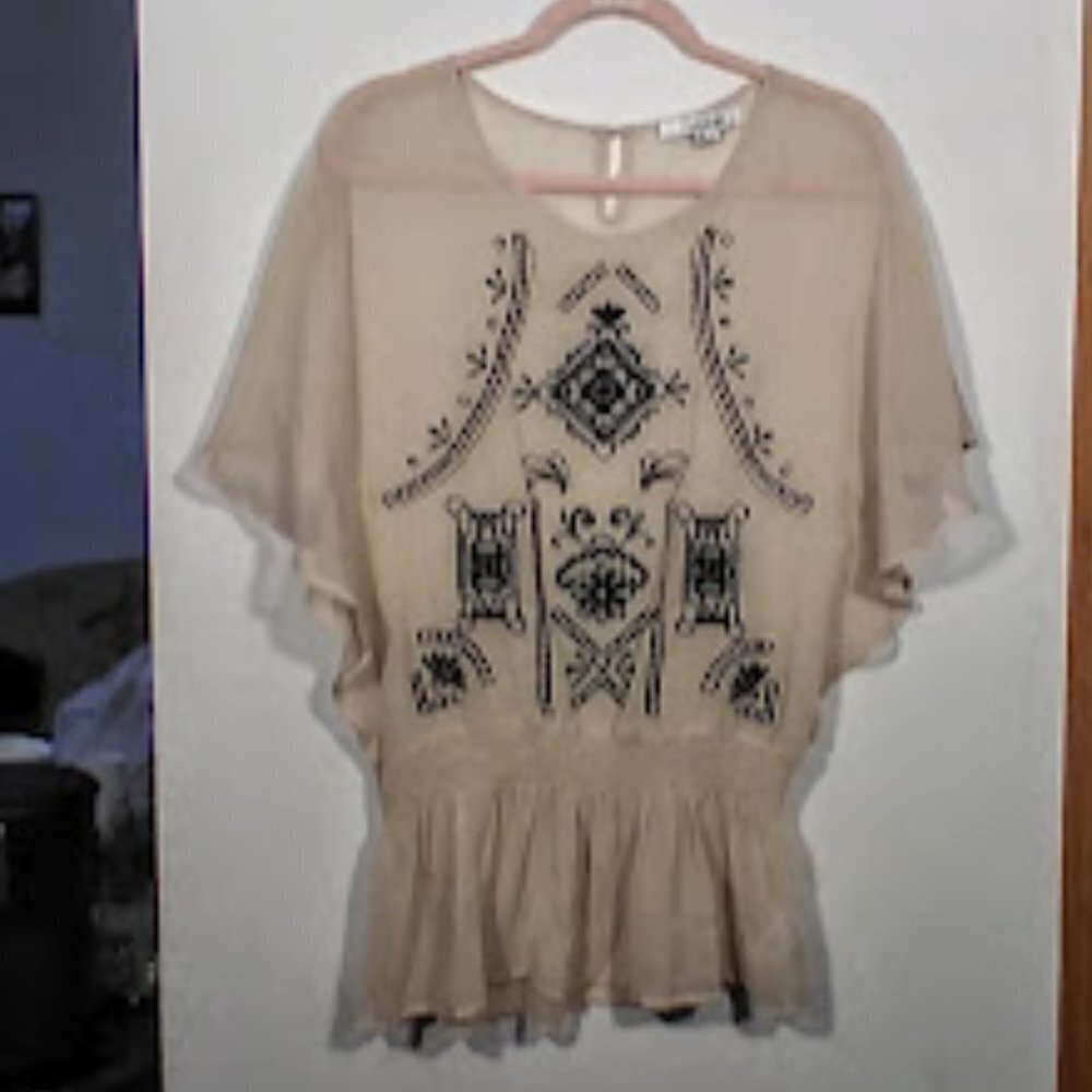 Forever 21 Sheer Embroirdered Retro Style Blouse Sz M